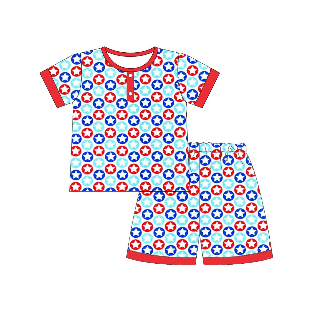 BSSO1735Baby Boys Blue Red Stars Button Top Shorts 4th of July Pajamas Sets Preorder