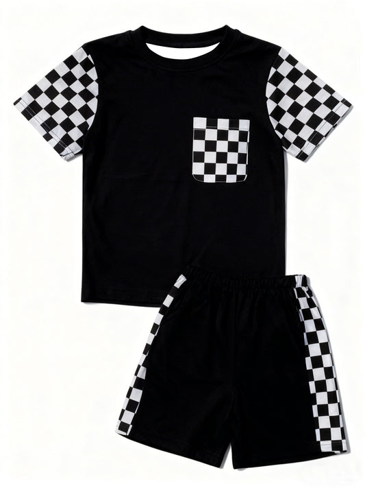 Baby Boys Black Checked Pocket Top Shorts Clothes Sets Preorder