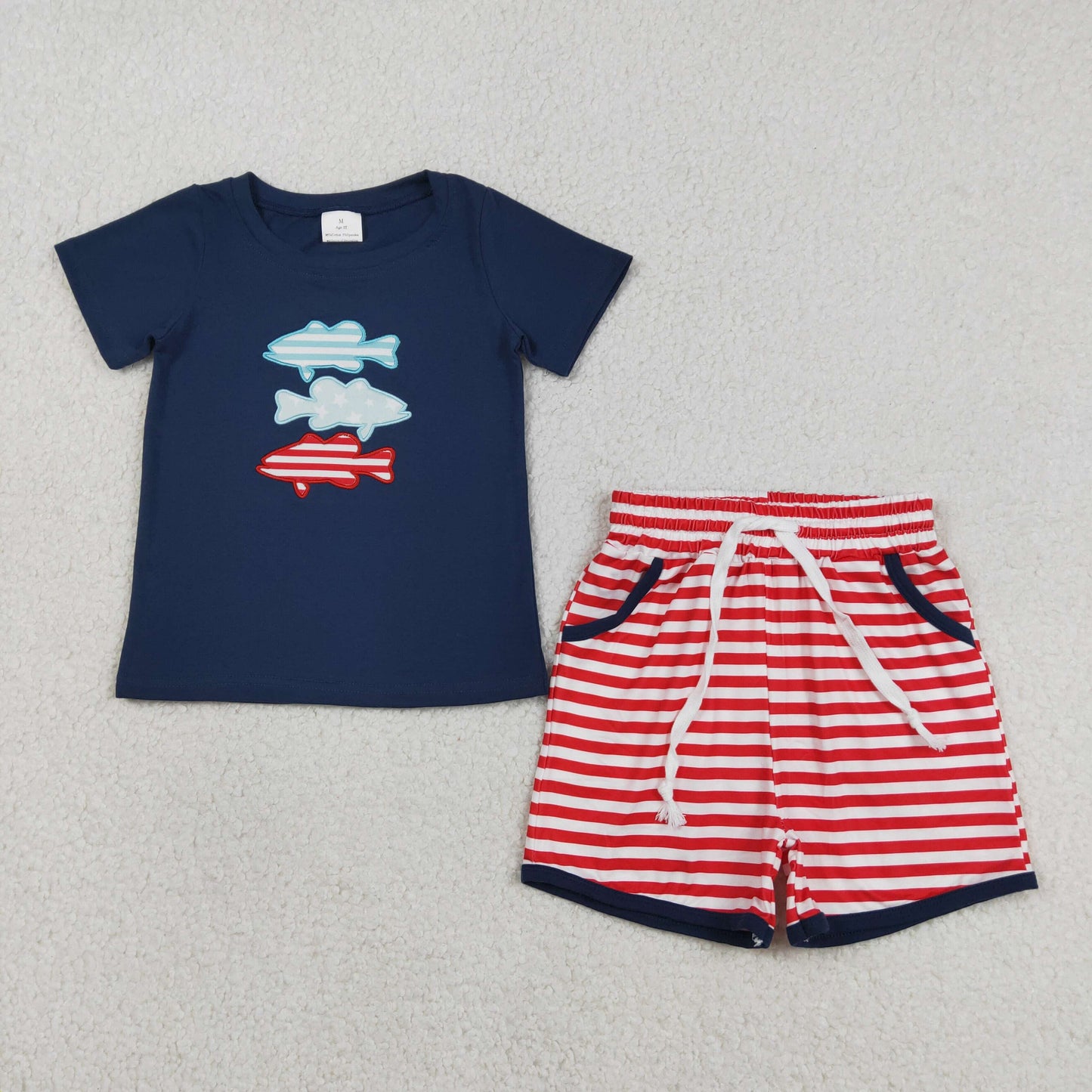 Embroidery Fishes Baby Boys Top Stripe Pockets Shorts 4th of July Clothes Sets