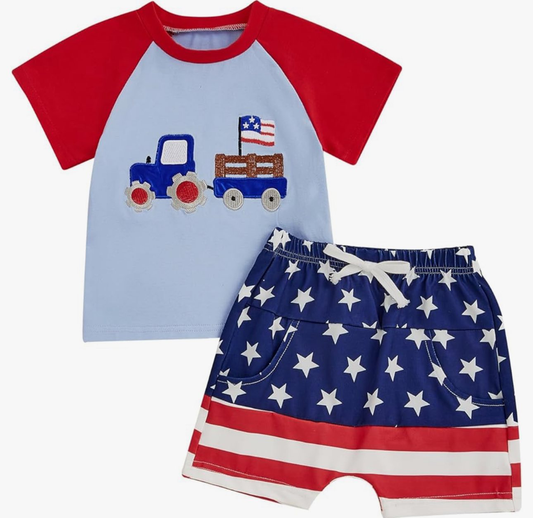 Baby Boys Truck Flags Top Stars Stripe Pockets Shorts 4th of July Clothes Sets Preorder
