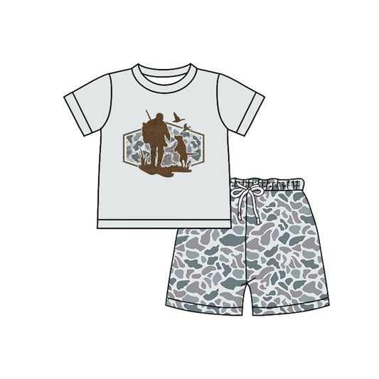 Baby Boys Light Grey Camo Dogs Ducks Top Shorts Hunting Clothes Sets Preorder