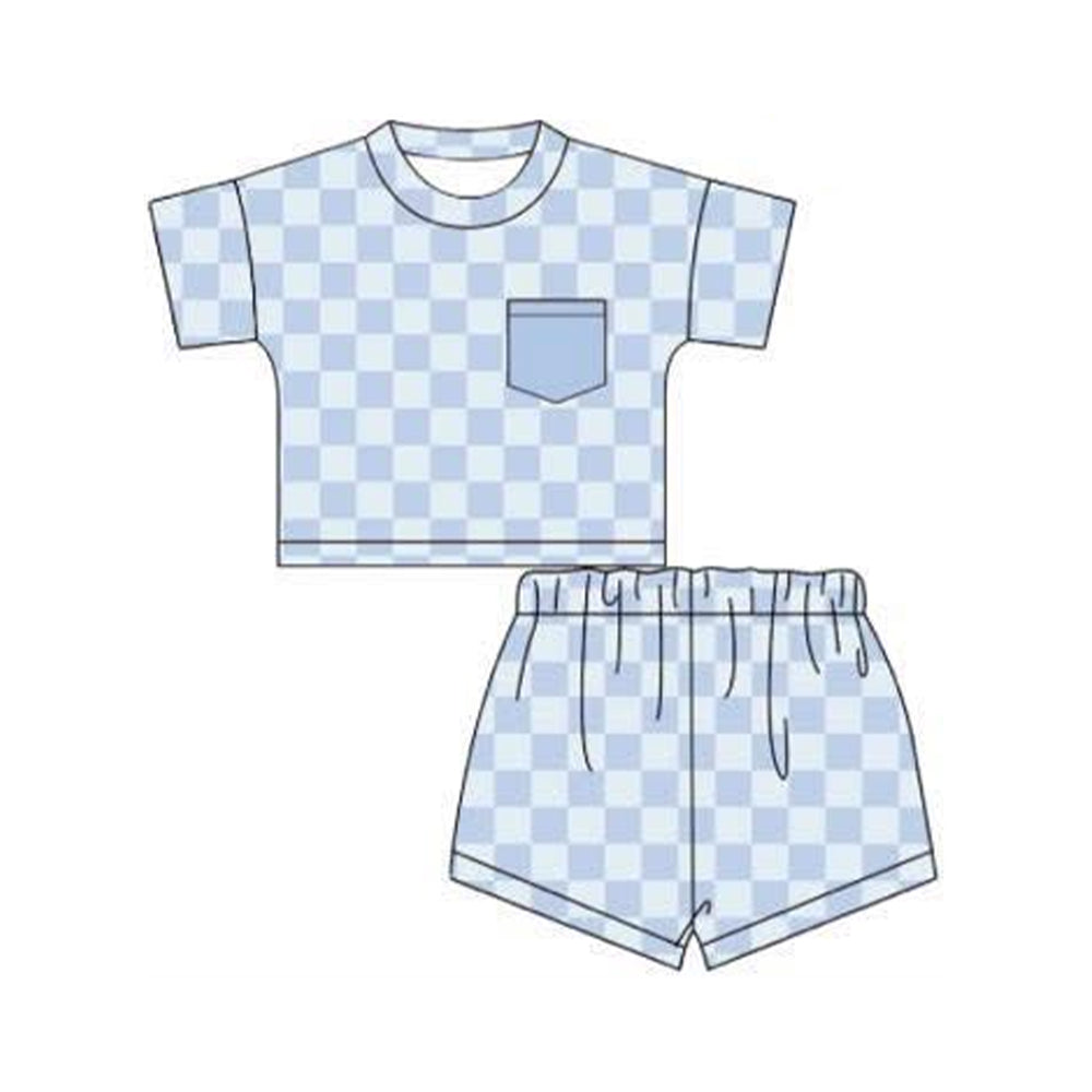 Baby Boys Blue Checked Pocket Top Shorts Pajamas Sets Preorder
