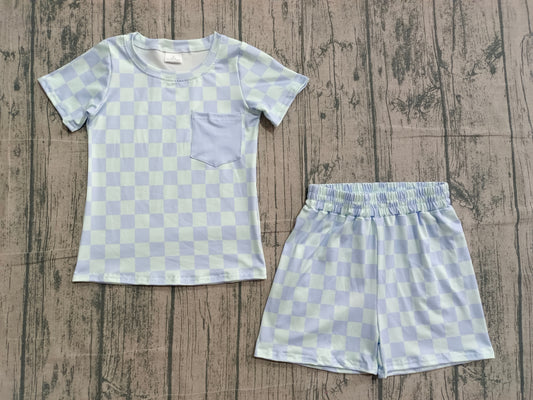 Baby Boys Blue Checked Pocket Top Shorts Pajamas Sets Preorder