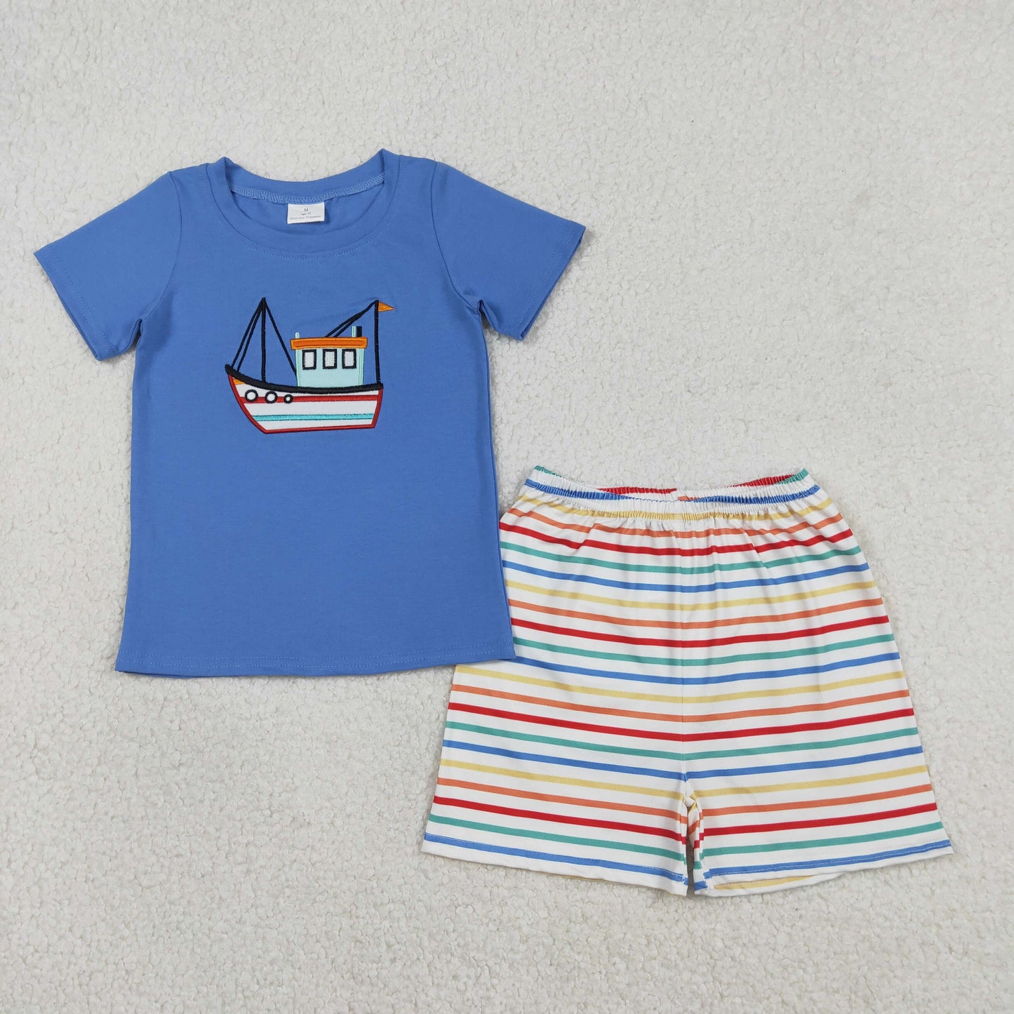 Sibling Baby Boys Short Sleeve Embroidery Boats Top Stripe Checked Shorts Clothes Sets