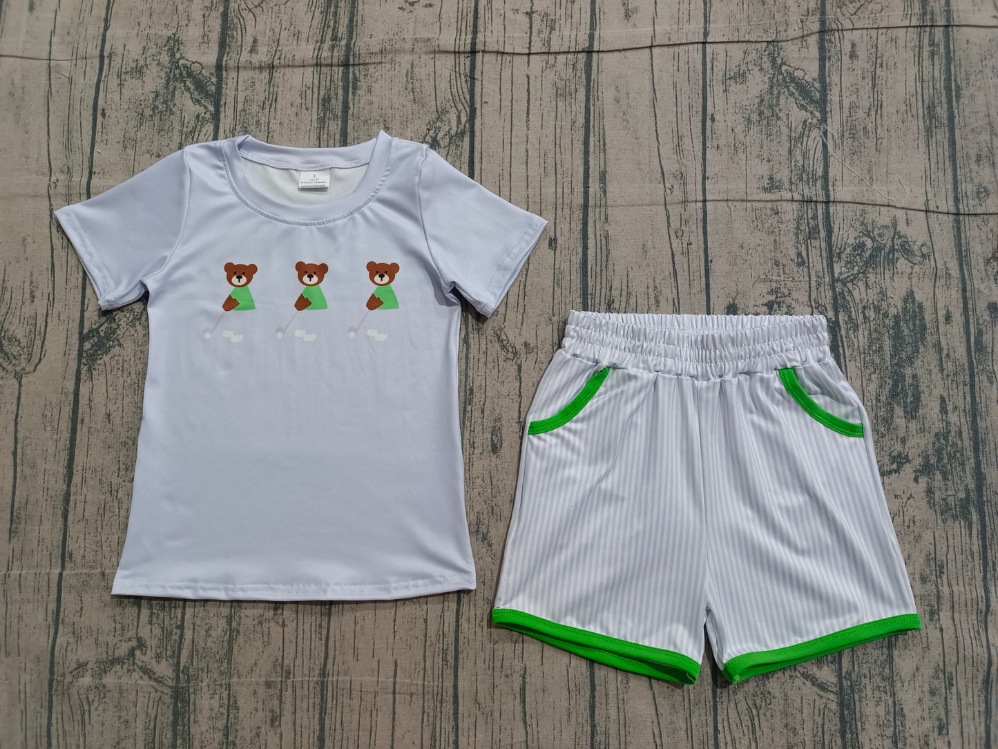 Baby Boys Blue Bears Golf Top Pockets Stripe Shorts Clothes Sets