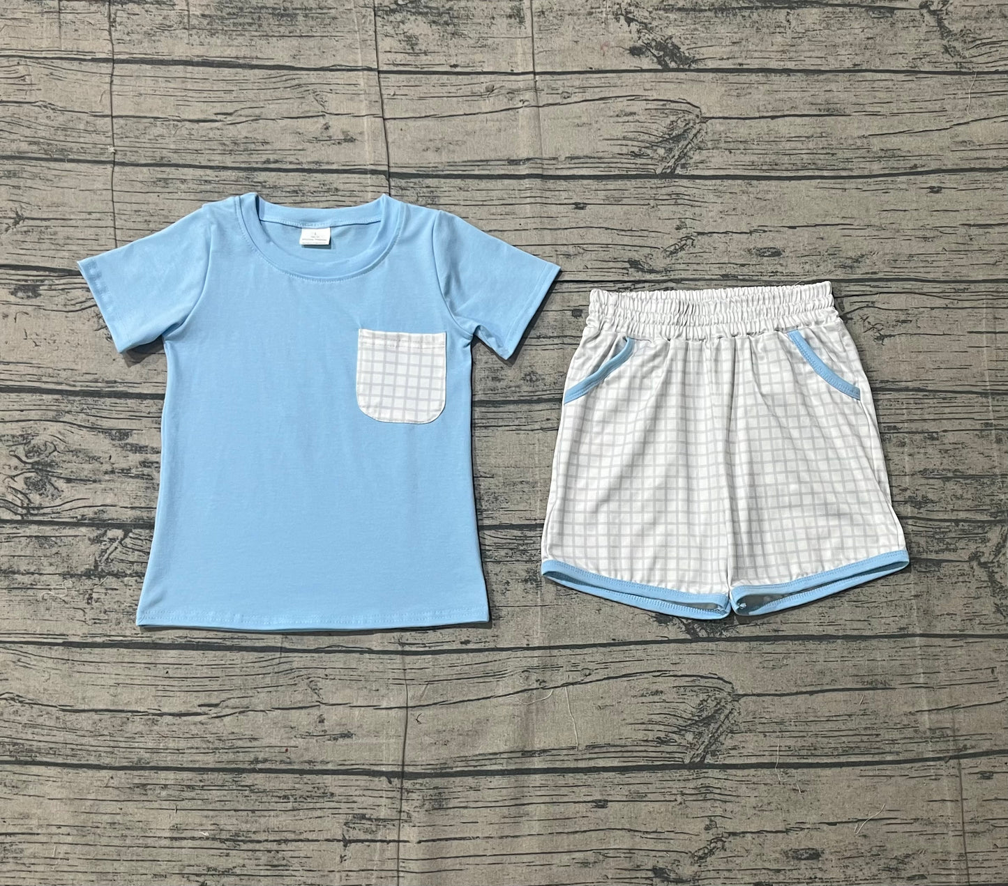 Baby Boys Blue Short Sleeve Shirts Top Checked Pockets Shorts Clothes Sets