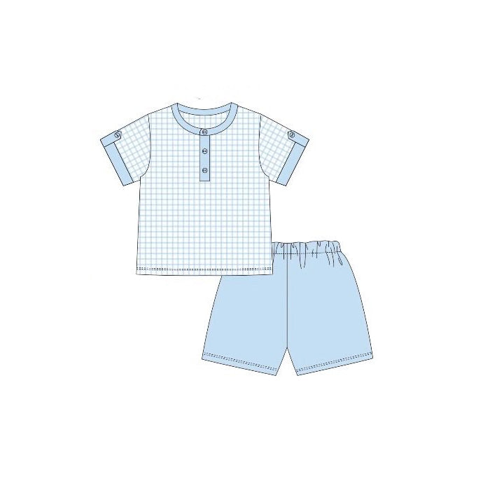 Baby Boys Short Sleeve Blue Checked Button Top Shorts Pajamas Sets Preorder