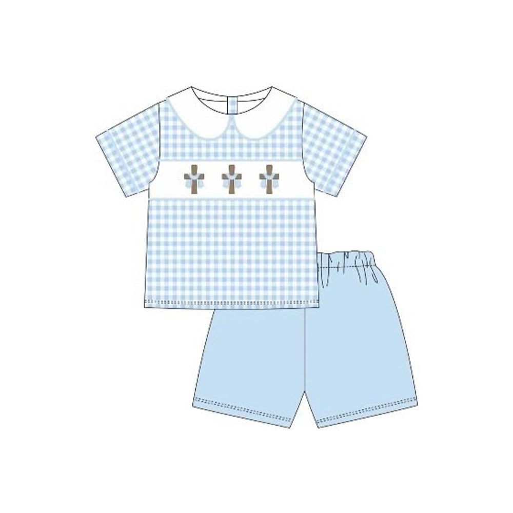 BSSO1765Baby Boys Blue Checked Crosses Collar Top Shorts Easter Clothes Sets Preorder