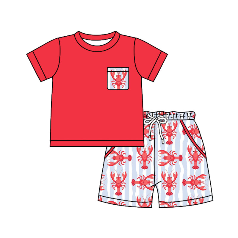 Baby Boys Red Shirts Top Crayfishes Pockets Shorts Clothes Sets Preorder