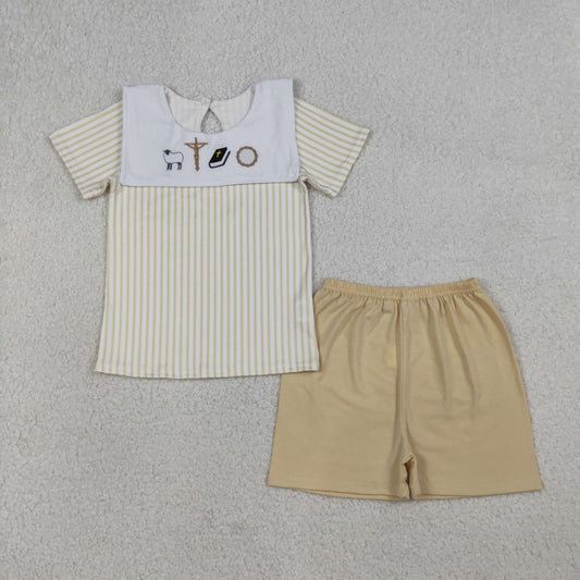 Embroidery Cross Sheep Baby Boys Stripe Top Shorts Clothes Sets