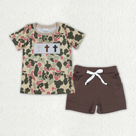 Embroidery Crosses Baby Boys Camo Top Pockets Shorts Easter Clothes Sets