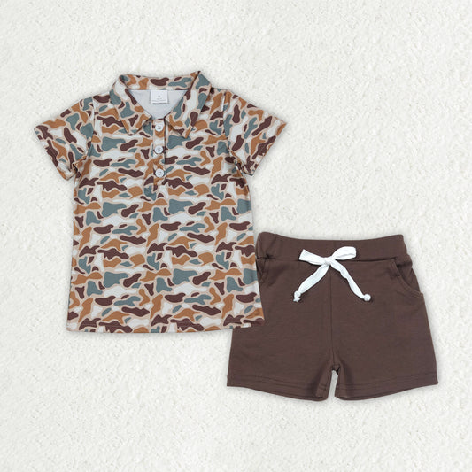 Baby Boys Southern Camo Button Polo Shirt Brown Pockets Shorts Hunting Clothes Sets