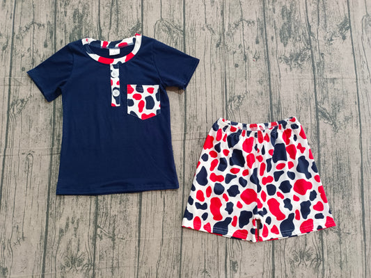 Baby Boys Red Blue Cow Print Pocket Button Top Shorts 4th of July Clothes Sets