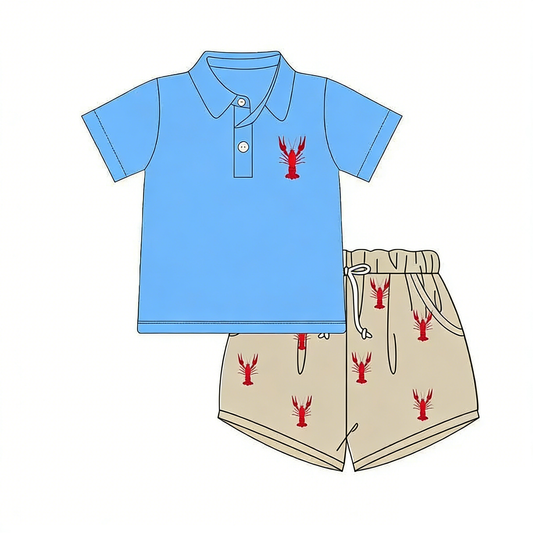 Baby Boys Blue Short Sleeve Crayfishes Button Top Pockets Shorts Clothes Sets Preorder