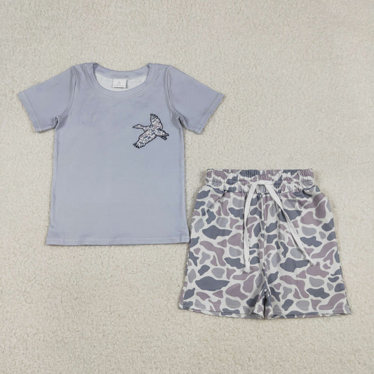 Baby Boys Light Grey Camo Ducks Top Pockets Shorts Hunting Clothes Sets
