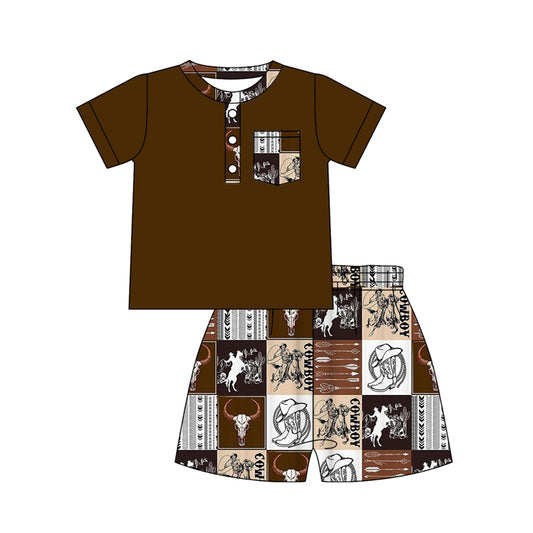 Baby Boys Pocket Button Top Horse Rodeos Cows Checked Shorts Western Clothes Sets Preorder
