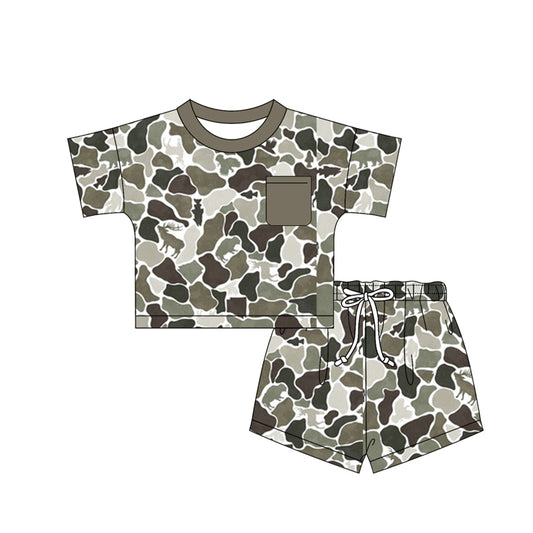 Baby Boys Southern Olive Deer Camo Pocket Top Shorts Hunting Clothes Sets Preorder
