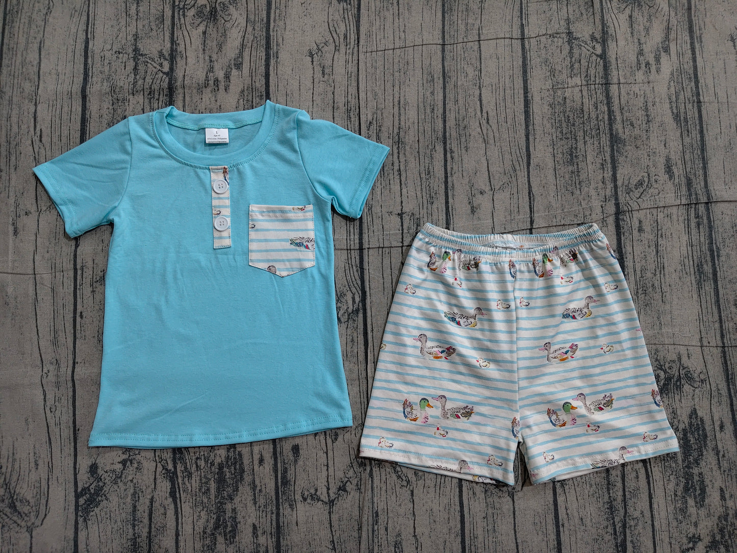Baby Boys Blue Button Pockets Top Ducks Stripe Shorts Hunting Clothes Sets