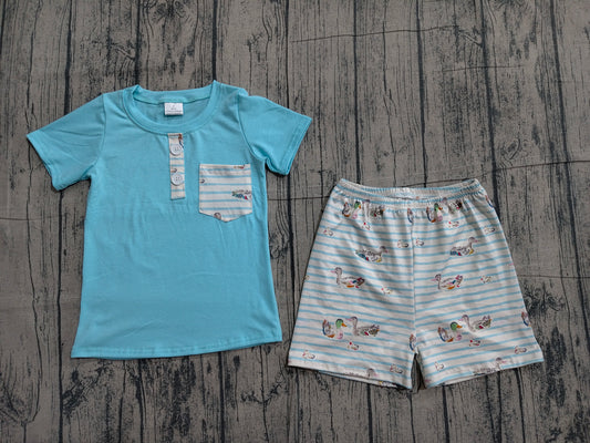 Baby Boys Blue Button Pockets Top Ducks Stripe Shorts Hunting Clothes Sets