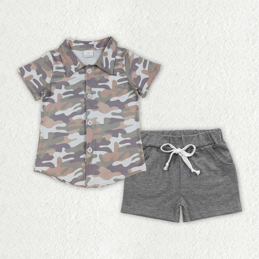 Baby Boys Southern Grey Camo Button Shirt Top Pockets Shorts Hunting Clothes Sets
