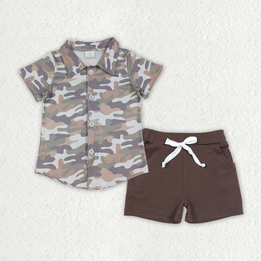 Baby Boys Southern Grey Camo Button Shirt Top Pockets Shorts Hunting Clothes Sets