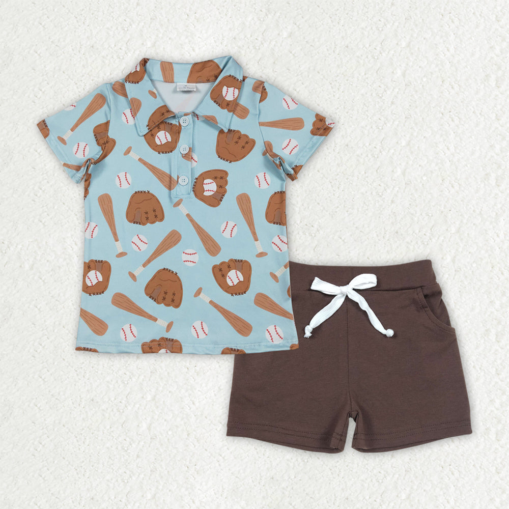 Baby Boys Baseballs Button Polo Shirts Brown Pockets Shorts Team Clothes Sets