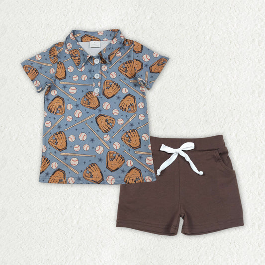 Baby Boys Baseballs Button Polo Shirts Brown Pockets Shorts Team Clothes Sets