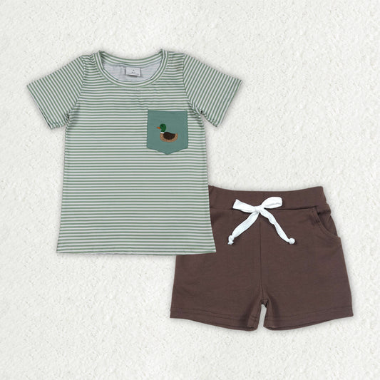 Baby Boys Green Stripe Embroidery Ducks Top Pockets Shorts Hunting Clothes Sets