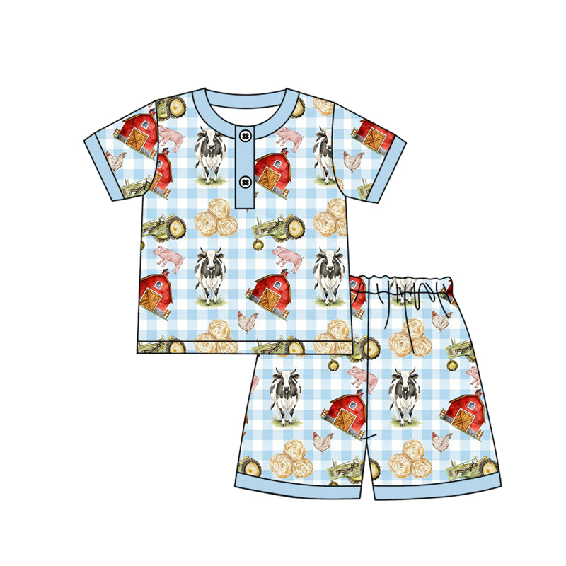 Baby Boys Blue Checked Farm Button Top Shorts Pajamas Sets Preorder