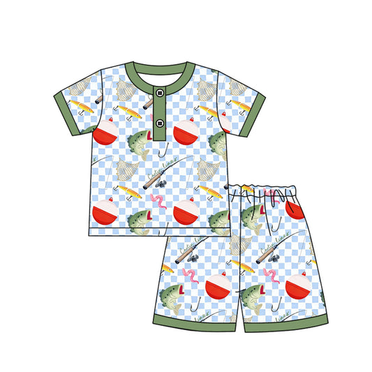Baby Boys Blue Checked Fishing Button Top Shorts Hunting Pajamas Sets Preorder
