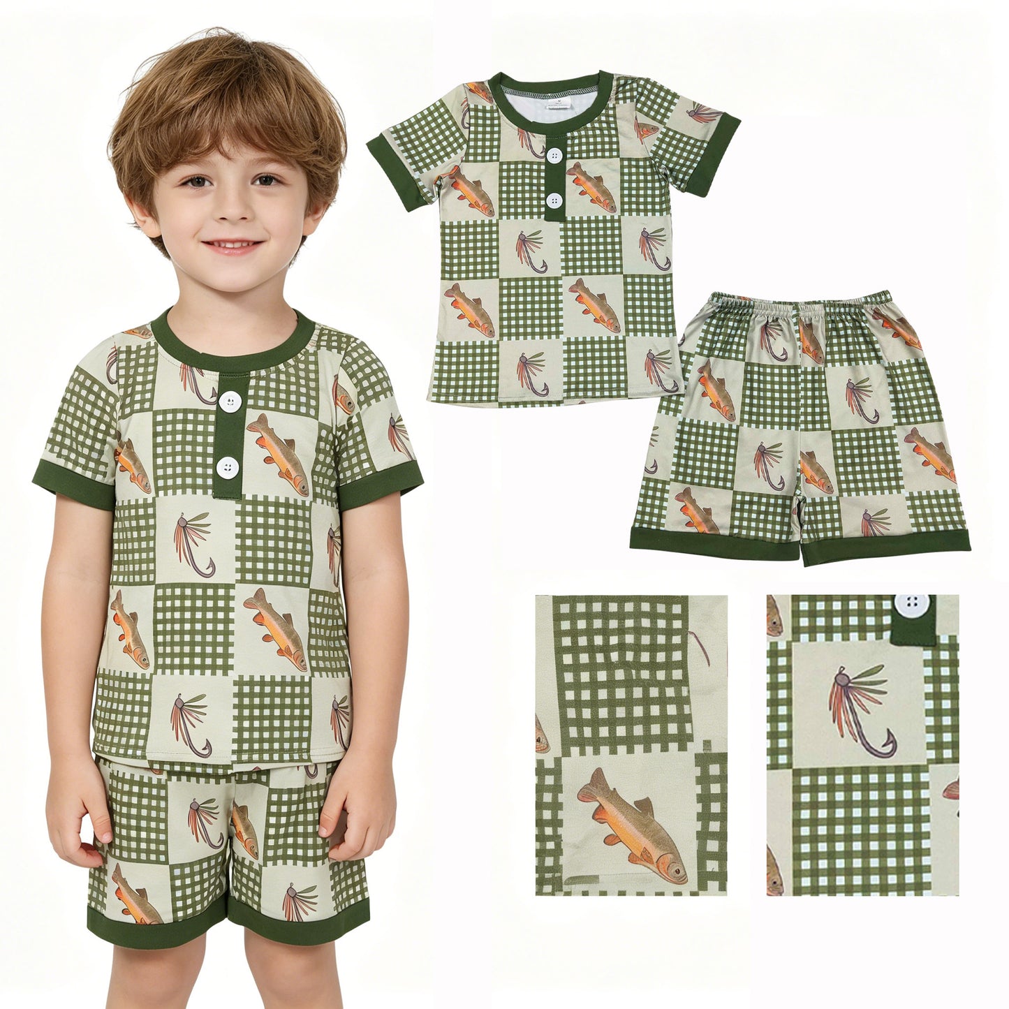 Baby Boys Olive Checked Fishing Button Top Shorts Hunting Pajamas Sets