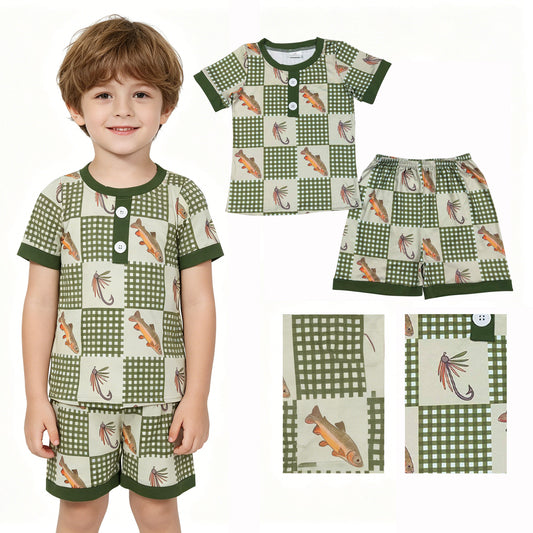 Baby Boys Olive Checked Fishing Button Top Shorts Hunting Pajamas Sets