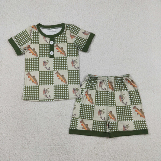 Baby Boys Olive Checked Fishing Button Top Shorts Hunting Pajamas Sets