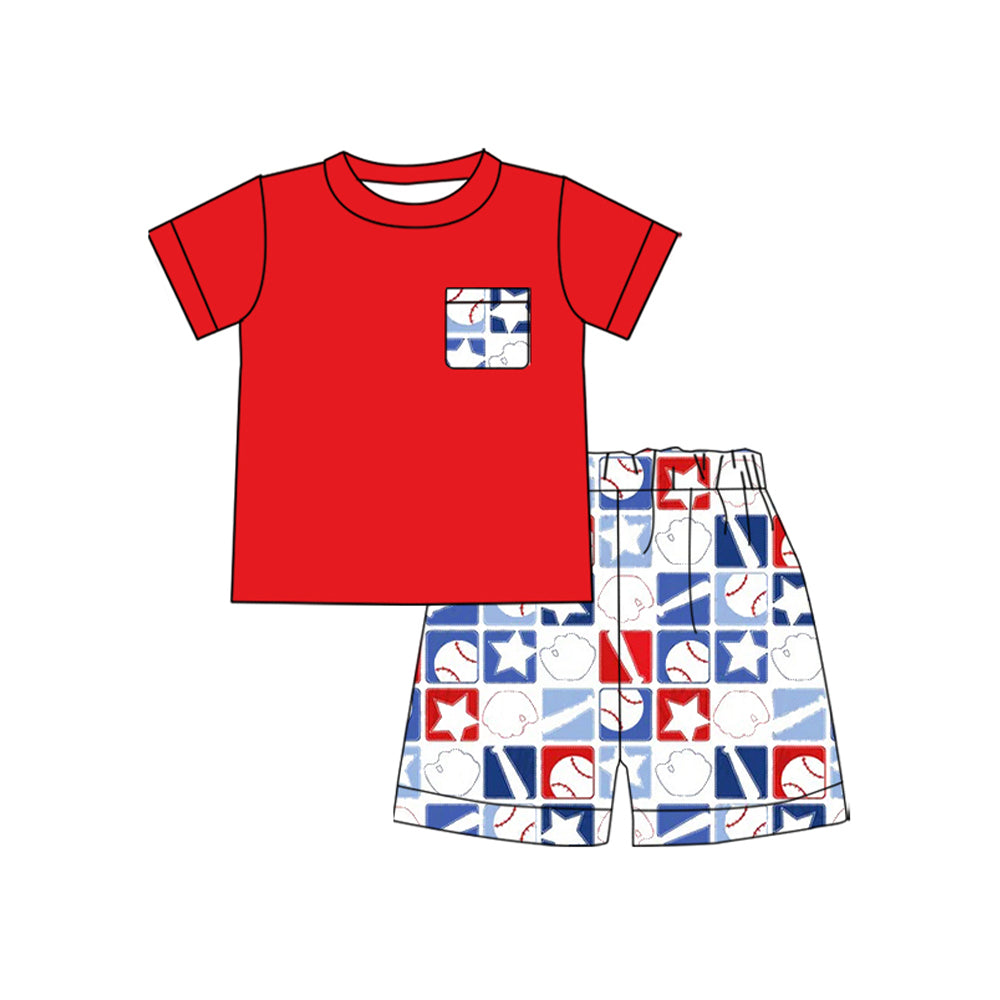 Baby Boys Short Sleeve Pocket Top Baseballs Checked Shorts Team Clothes Sets Preorder