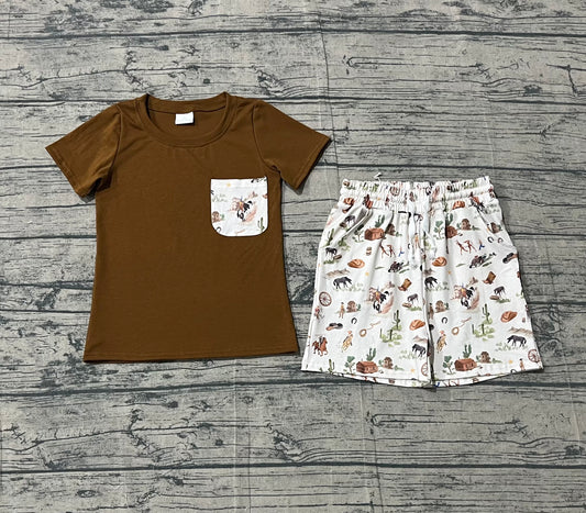 Baby Boys Shirt Top Horse Rodeos Cactus Pockets Short Western Clothes Sets