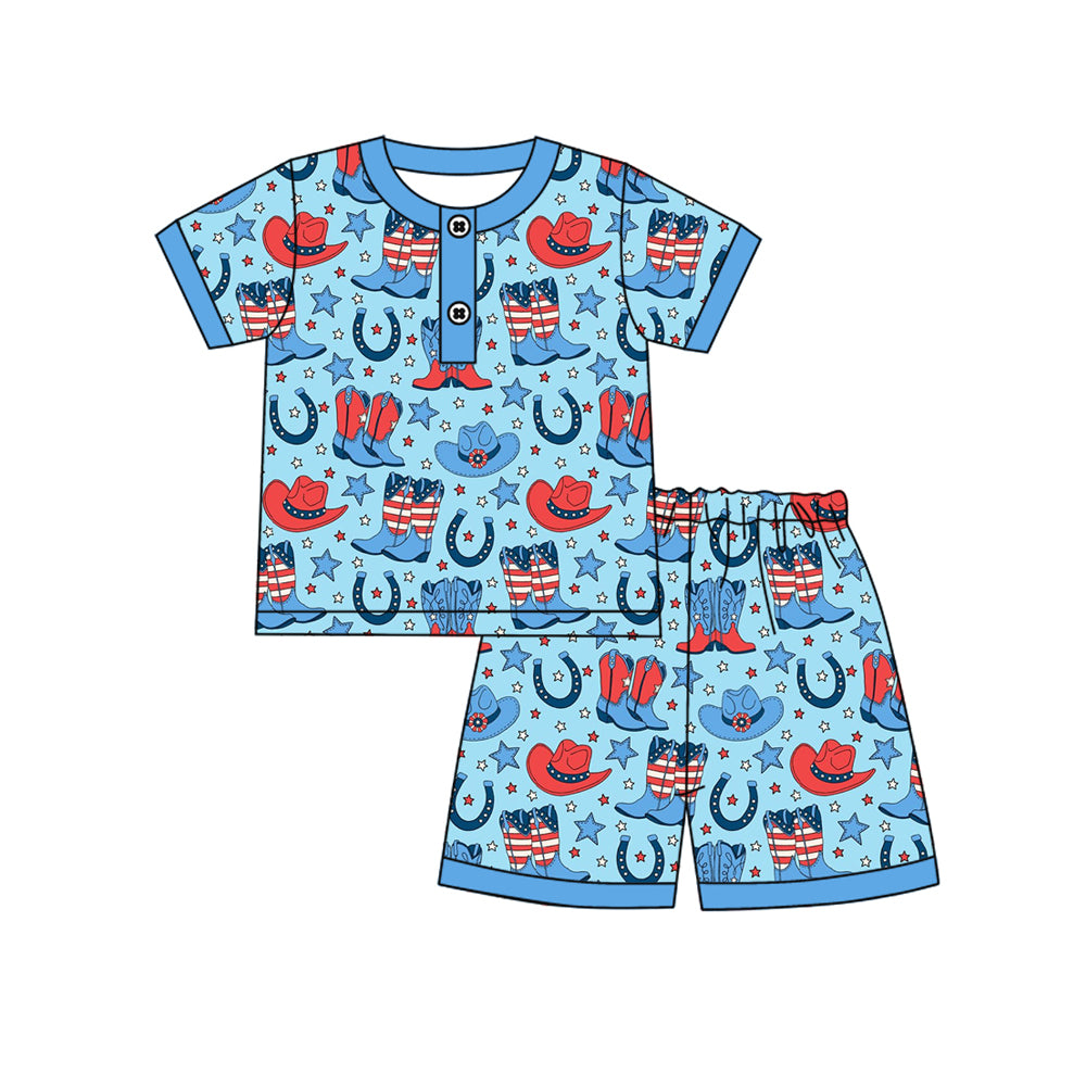 Baby Boys Stars Hats Boots Button Top Shorts 4th of July Western Pajamas Sets Preorder