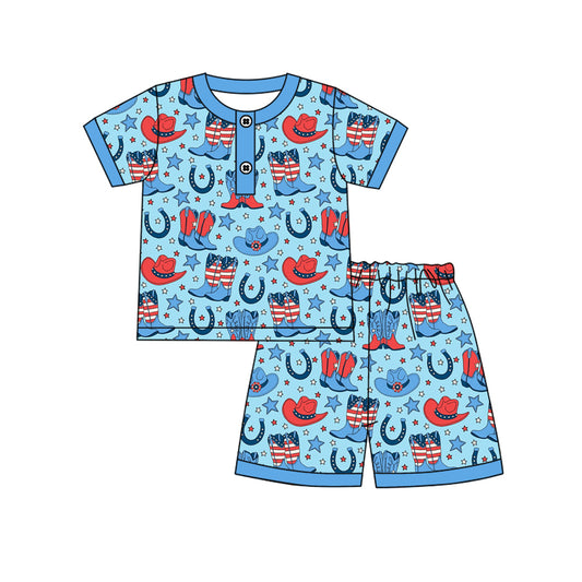 Baby Boys Stars Hats Boots Button Top Shorts 4th of July Western Pajamas Sets Preorder