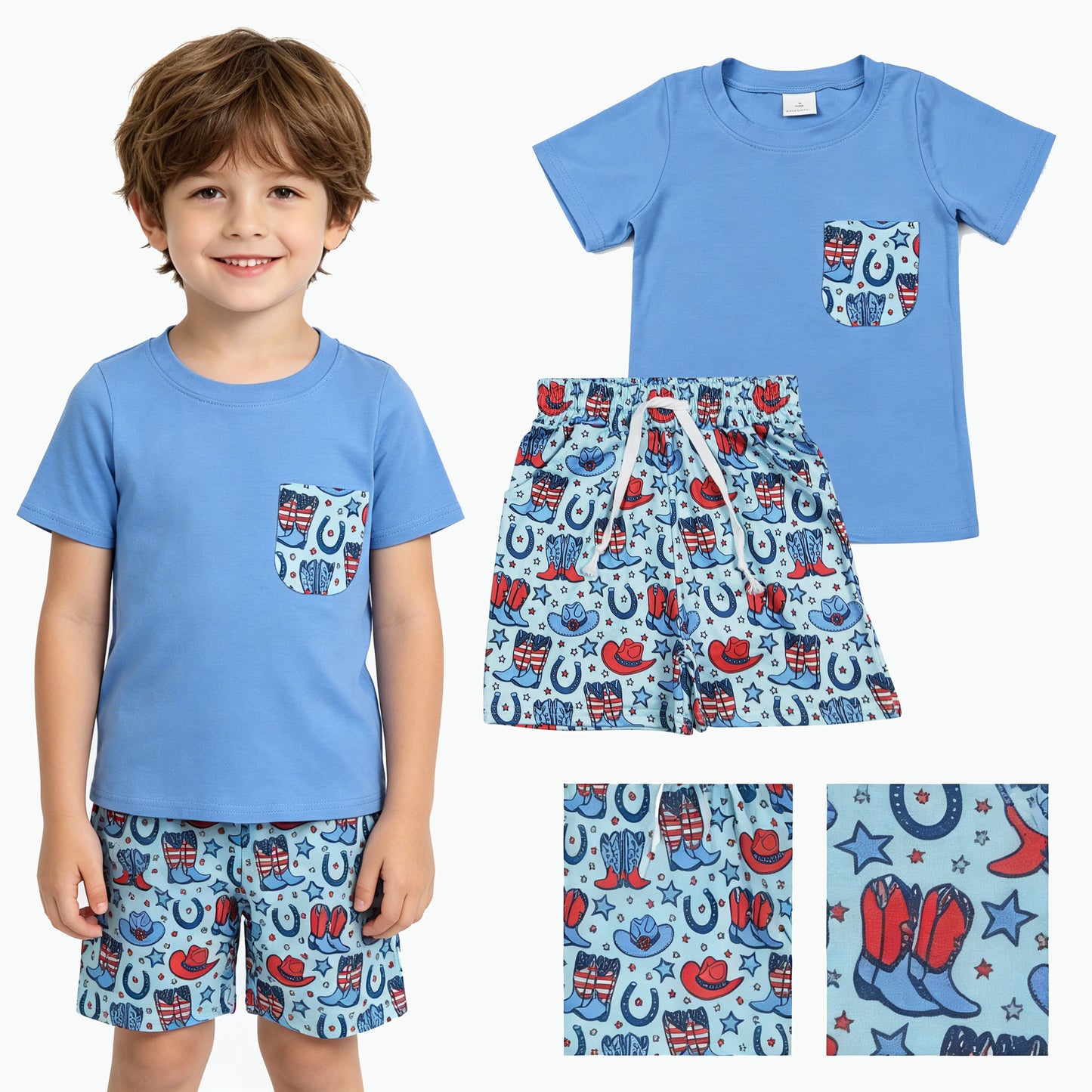 Baby Boys Pocket Shirts Stars Hats Boots Short 4th of July Western Clothes Sets