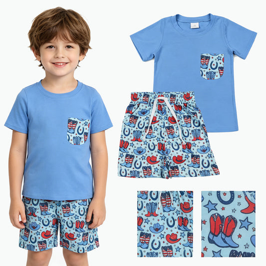 Baby Boys Pocket Shirts Stars Hats Boots Short 4th of July Western Clothes Sets