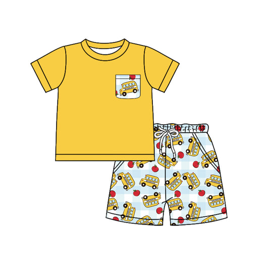Baby Boys Pocket Shirts Top Apples Buses Pockets Short Back to School Clothes Sets Preorder