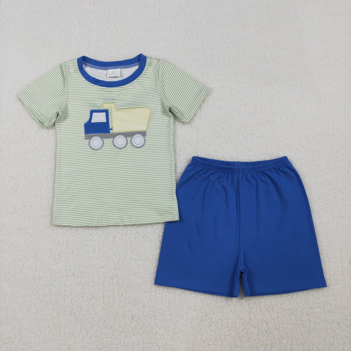 Embroidery Tractors Baby Boys Short Sleeve Stripe Top Shorts Clothes Sets