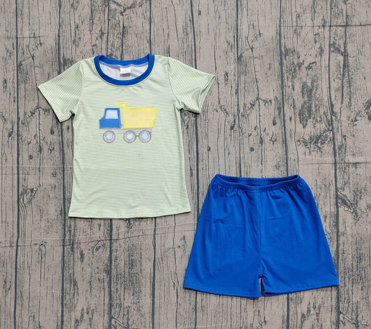 Embroidery Tractors Baby Boys Green Stripe Top Shorts Clothes Sets Preorder