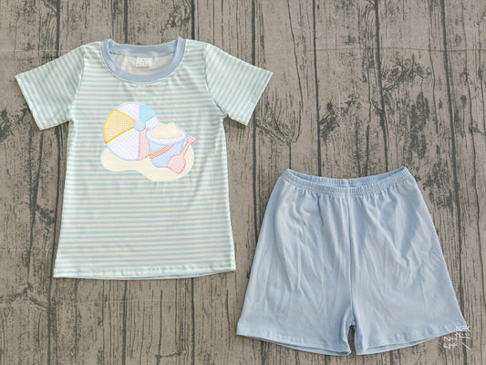 Embroidery Beach Baby Boys Blue Stripe Top Shorts Clothes Sets Preorder