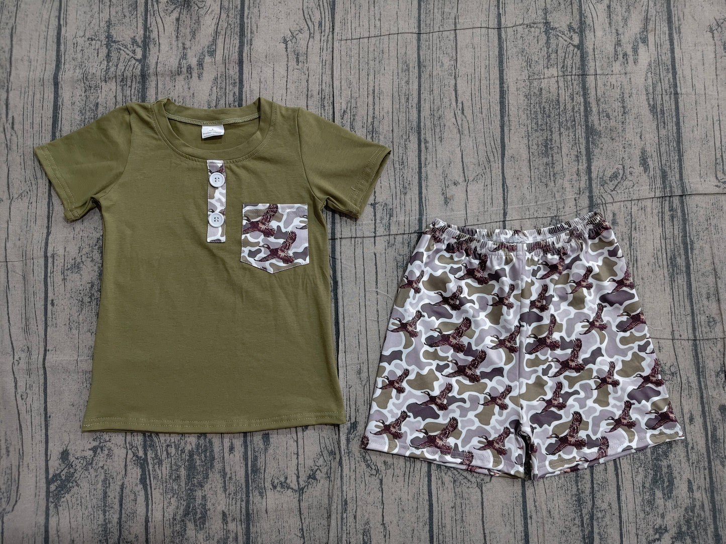 Baby Boys Olive Button Pocket Top Ducks Camo Shorts Hunting Clothes Sets