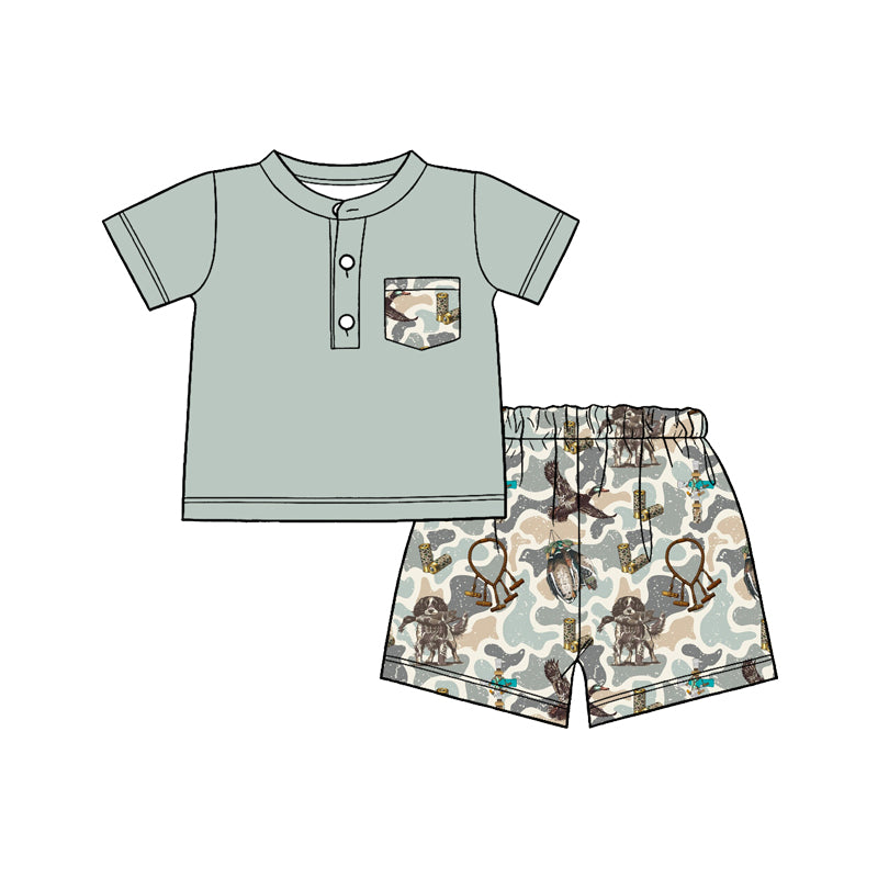 Baby Boys Blue Button Pocket Top Dogs Ducks Camo Shorts Hunting Clothes Sets Preorder
