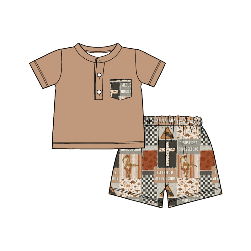 Baby Boys Khaki Button Pocket Top Dinosaurs Checked Shorts Clothes Sets Preorder