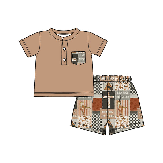 Baby Boys Khaki Button Pocket Top Dinosaurs Checked Shorts Clothes Sets Preorder
