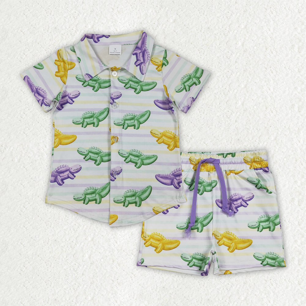 Baby Boys Mardigras Stripe Crocodiles Button Shirts Top Pockets Shorts Clothes Sets