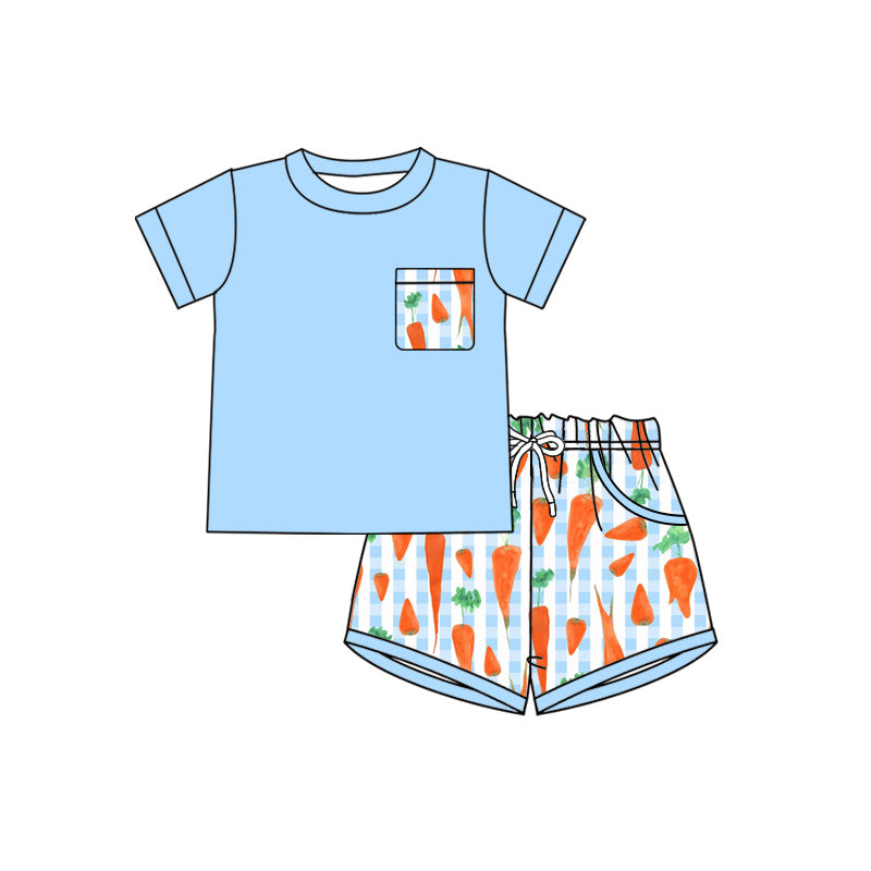 Baby Boys Blue Checked Pockets Shirt Top Carrots Shorts Easter Clothes Sets Preorder