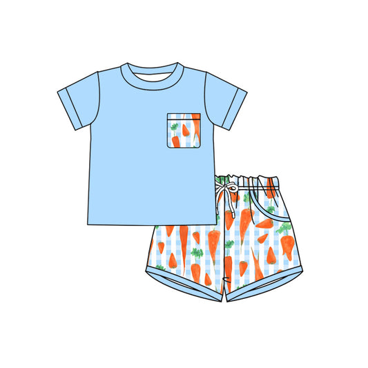 Baby Boys Blue Checked Pockets Shirt Top Carrots Shorts Easter Clothes Sets Preorder